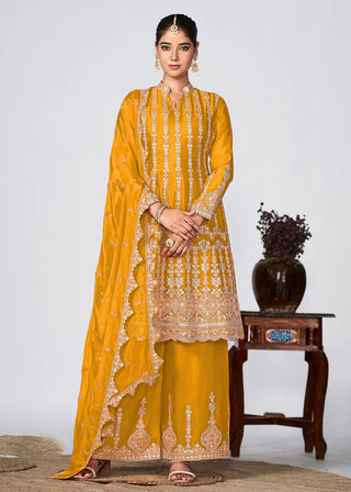 Yellow Chinon Heavy Embroidered Suit Set with Dupatta