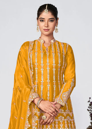 Yellow Chinon Heavy Embroidered Suit Set with Dupatta