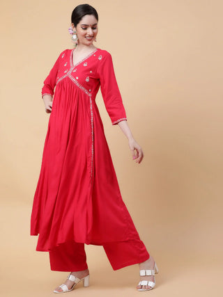Coral Solid Viscose Rayon Embroidered Kurta Bottom Set