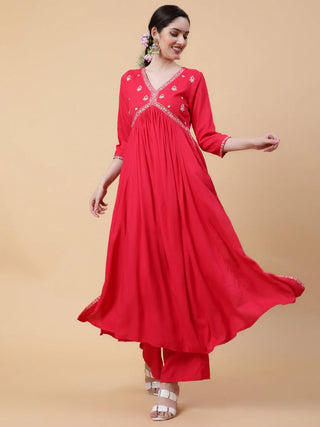 Coral Solid Viscose Rayon Embroidered Kurta Bottom Set