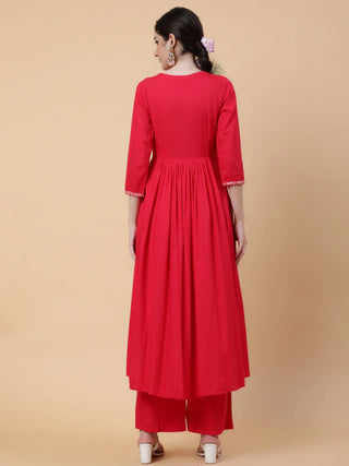 Coral Solid Viscose Rayon Embroidered Kurta Bottom Set