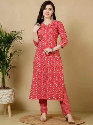 Red Pure Cotton Straight Shape Printed Kurta Bottom Set