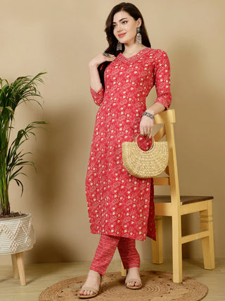 Red Pure Cotton Straight Shape Printed Kurta Bottom Set