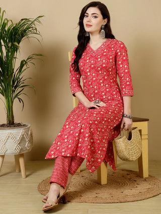 Red Pure Cotton Straight Shape Printed Kurta Bottom Set