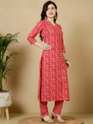 Red Pure Cotton Straight Shape Printed Kurta Bottom Set