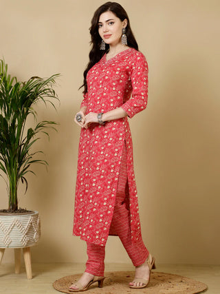 Red Pure Cotton Straight Shape Printed Kurta Bottom Set