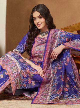 Purple Cotton Blend Ethnic Motif Printed Suit Set with Chanderi Blend Dupatta