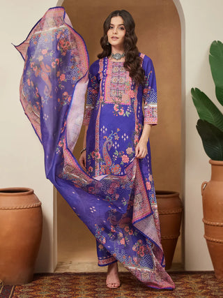 Purple Cotton Blend Ethnic Motif Printed Suit Set with Chanderi Blend Dupatta