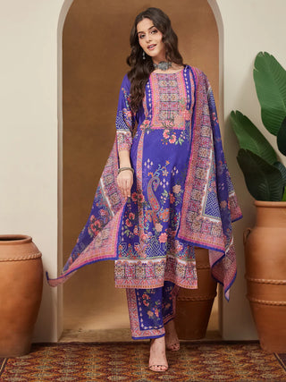 Purple Cotton Blend Ethnic Motif Printed Suit Set with Chanderi Blend Dupatta