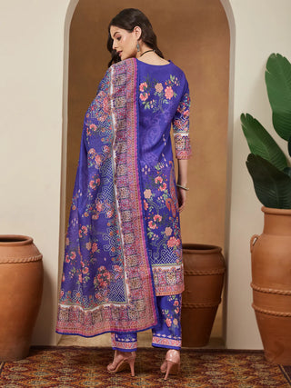 Purple Cotton Blend Ethnic Motif Printed Suit Set with Chanderi Blend Dupatta