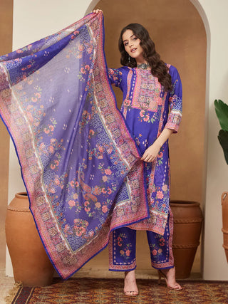 Purple Cotton Blend Ethnic Motif Printed Suit Set with Chanderi Blend Dupatta