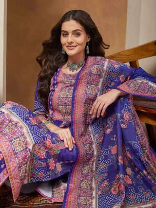 Purple Cotton Blend Ethnic Motif Printed Suit Set with Chanderi Blend Dupatta