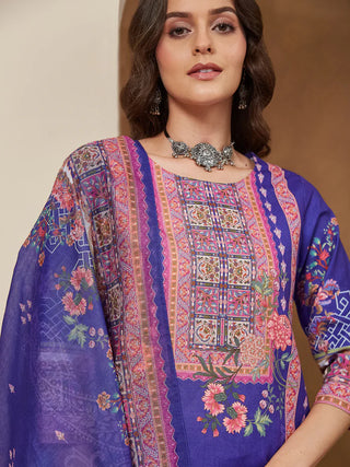Purple Cotton Blend Ethnic Motif Printed Suit Set with Chanderi Blend Dupatta