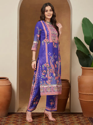 Purple Cotton Blend Ethnic Motif Printed Suit Set with Chanderi Blend Dupatta