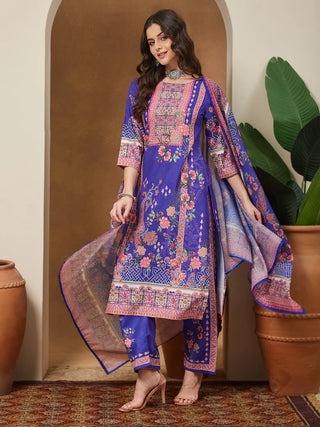 Purple Cotton Blend Ethnic Motif Printed Suit Set with Chanderi Blend Dupatta