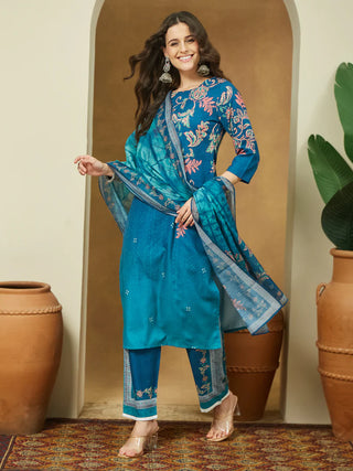 Teal Blue Cotton Blend Floral Print Suit Set with Chanderi Blend Dupatta