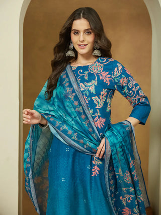 Teal Blue Cotton Blend Floral Print Suit Set with Chanderi Blend Dupatta