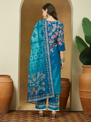 Teal Blue Cotton Blend Floral Print Suit Set with Chanderi Blend Dupatta