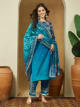 Teal Blue Cotton Blend Floral Print Suit Set with Chanderi Blend Dupatta