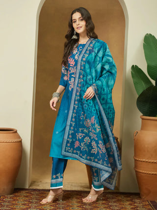 Teal Blue Cotton Blend Floral Print Suit Set with Chanderi Blend Dupatta