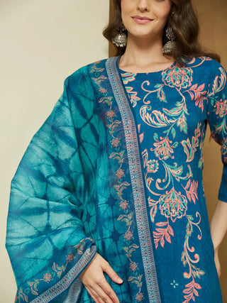 Teal Blue Cotton Blend Floral Print Suit Set with Chanderi Blend Dupatta