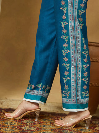 Teal Blue Cotton Blend Floral Print Suit Set with Chanderi Blend Dupatta