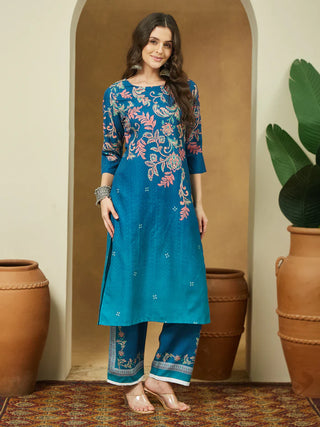 Teal Blue Cotton Blend Floral Print Suit Set with Chanderi Blend Dupatta