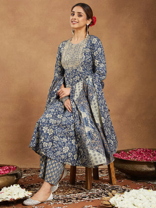 Blue Pure Cotton Floral Print Yoke Design Anarkali Style Suit Set with Dupatta