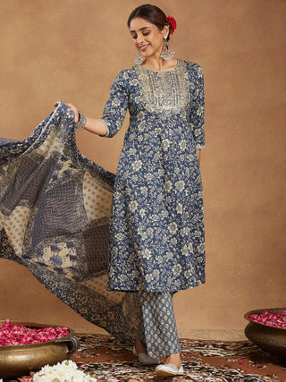 Blue Pure Cotton Floral Print Yoke Design Anarkali Style Suit Set with Dupatta