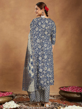 Blue Pure Cotton Floral Print Yoke Design Anarkali Style Suit Set with Dupatta