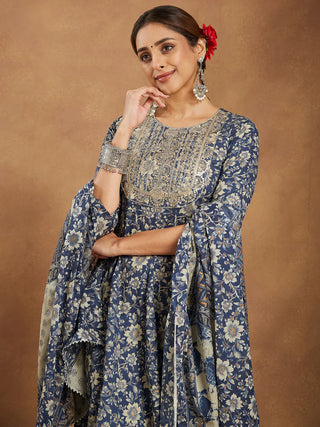 Blue Pure Cotton Floral Print Yoke Design Anarkali Style Suit Set with Dupatta