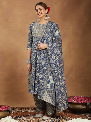 Blue Pure Cotton Floral Print Yoke Design Anarkali Style Suit Set with Dupatta