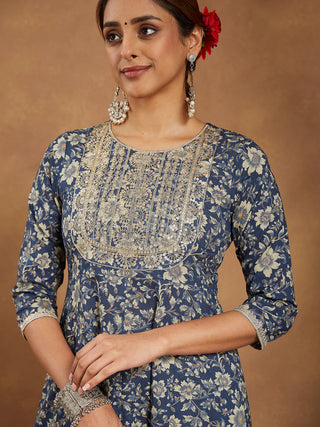 Blue Pure Cotton Floral Print Yoke Design Anarkali Style Suit Set with Dupatta