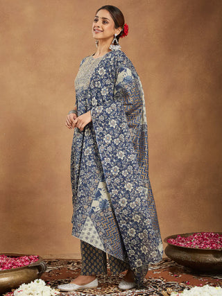 Blue Pure Cotton Floral Print Yoke Design Anarkali Style Suit Set with Dupatta