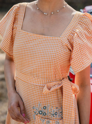 Orange & White Cotton Checked Print A Line Dress