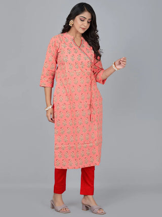 Peach Cotton Floral Print & Lace Detailing Kurta Pant Set