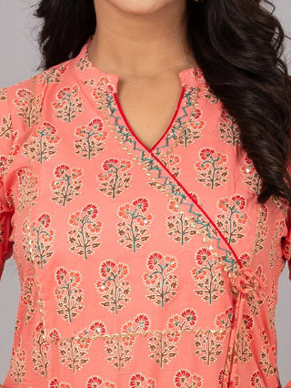 Peach Cotton Floral Print & Lace Detailing Kurta Pant Set