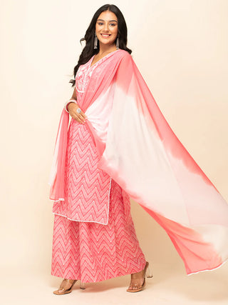 Peach Cotton Printed & Embroidered Suit Set with Chiffon Dupatta