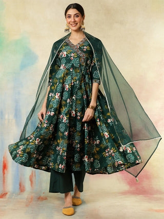 Green Cotton Printed & Embroidered Suit Set with Dupatta