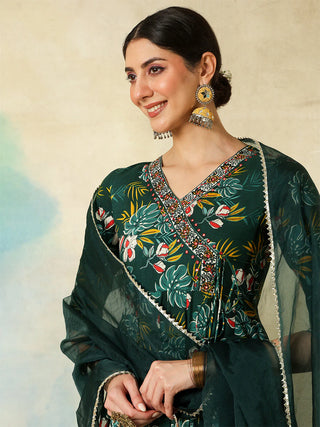 Green Cotton Printed & Embroidered Suit Set with Dupatta
