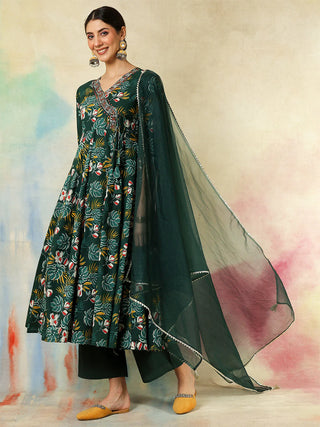 Green Cotton Printed & Embroidered Suit Set with Dupatta