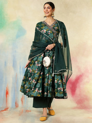 Green Cotton Printed & Embroidered Suit Set with Dupatta
