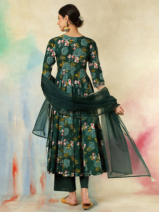 Green Cotton Printed & Embroidered Suit Set with Dupatta