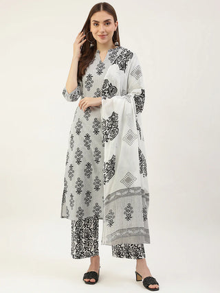 White Cotton Printed Straight Cut Suit Set with Dupatta