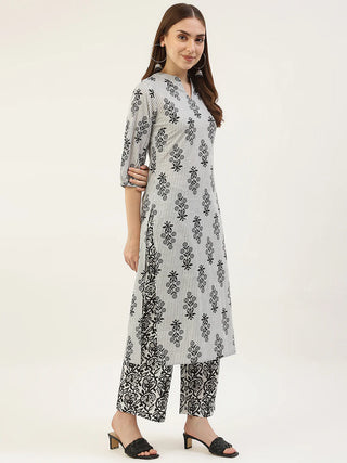 White Cotton Printed Straight Cut Suit Set with Dupatta