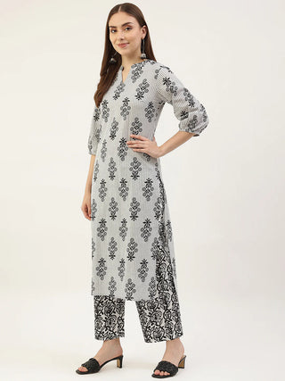 White Cotton Printed Straight Cut Suit Set with Dupatta