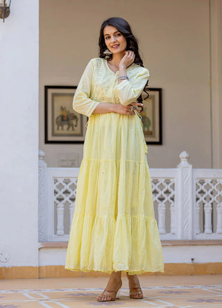 Cotton Yellow Embroidered Flared Gown