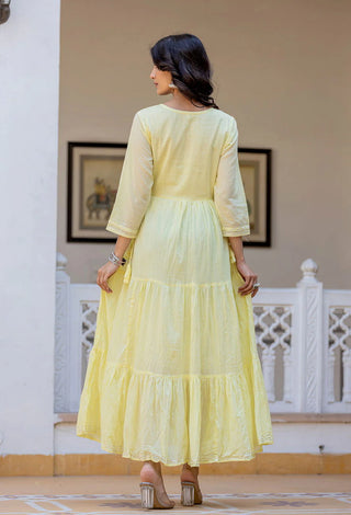 Cotton Yellow Embroidered Flared Gown