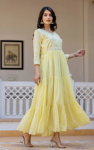 Cotton Yellow Embroidered Flared Gown