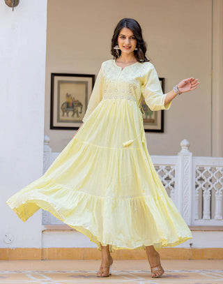 Cotton Yellow Embroidered Flared Gown